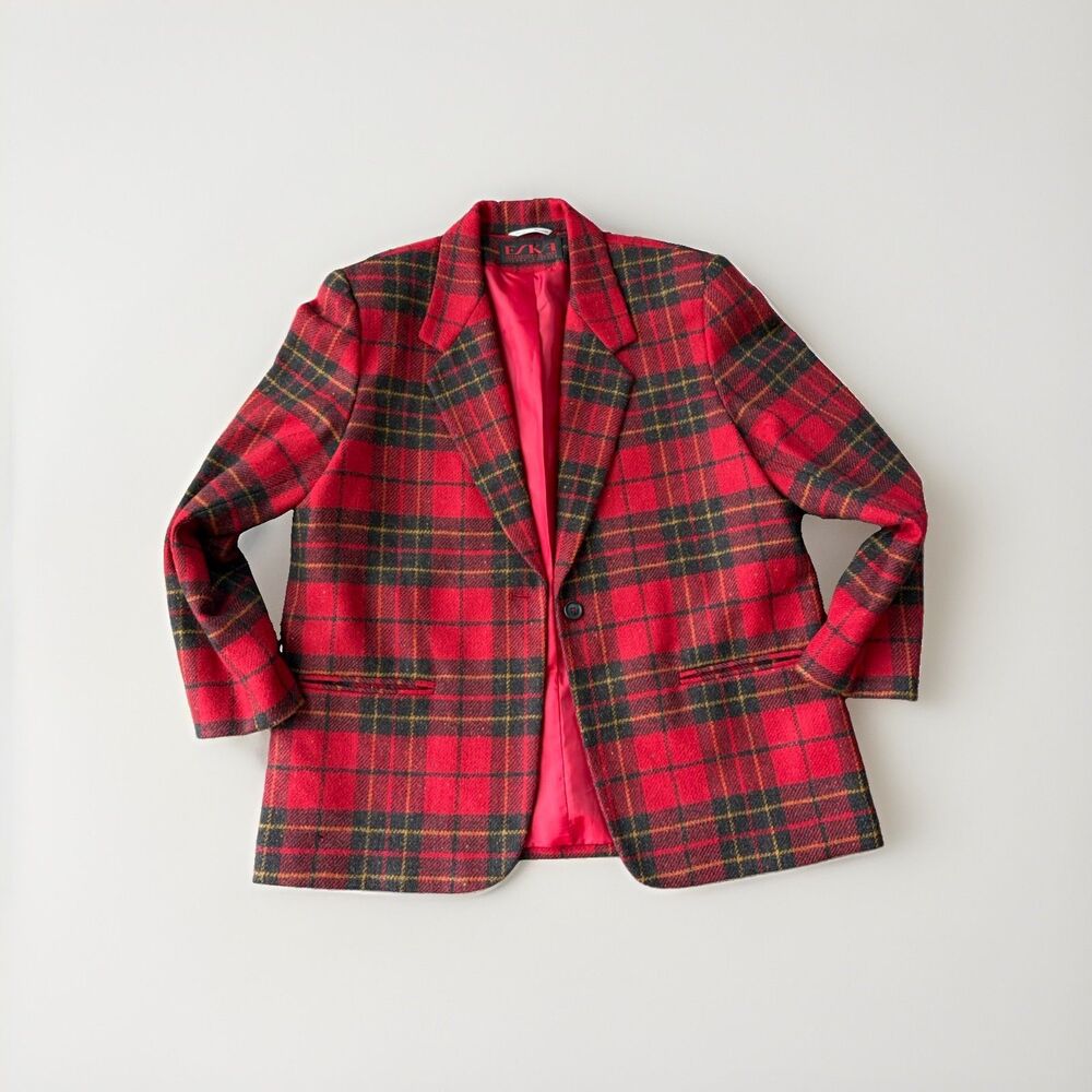 Vtg Eska Int Russia Red Tartan Plaid Wool Blazer Jacket Womens Size 16 Academia